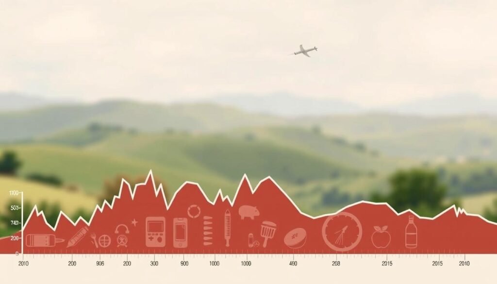 A detailed illustration of blood sugar levels, rendered with a subtle, muted color palette. The foreground depicts a stylized line graph depicting the fluctuations of blood glucose over time, with jagged peaks and valleys symbolizing the unstable nature of unbalanced blood sugar. The middle ground showcases various icons and symbols related to diabetes management, such as a syringe, a glucose meter, and a piece of fruit. The background features a soft, blurred landscape of rolling hills and a calming, overcast sky, conveying a sense of serenity and balance. The overall composition aims to visually communicate the challenges of maintaining healthy blood sugar levels and the importance of natural, holistic approaches to weight management.