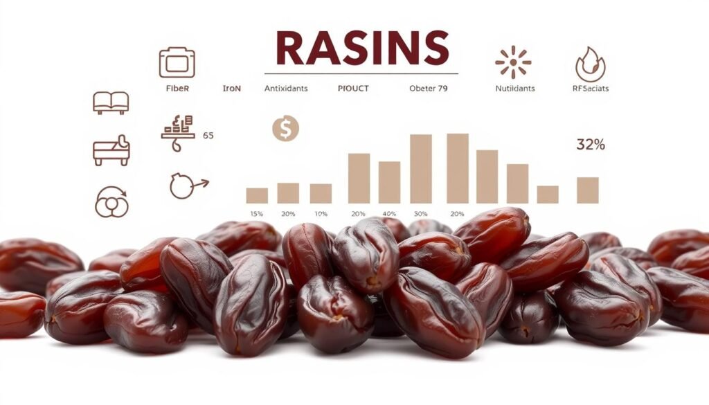 A detailed illustration of the nutritional content of raisins, showcased against a clean, minimalist background. In the foreground, a cluster of plump, glossy raisins, their deep brown hues highlighted by soft, diffused lighting. Surrounding the raisins, a series of icons and infographic elements, each representing a key nutrient found in raisins, such as fiber, iron, and antioxidants. The middle ground features a series of horizontal bars, each bar charting the relative amounts of these vital nutrients. The background is a muted, off-white tone, creating a sense of space and allowing the nutritional information to take center stage. The overall composition is balanced, informative, and visually striking, designed to educate and engage the viewer on the health benefits of this humble, yet nutritious dried fruit.