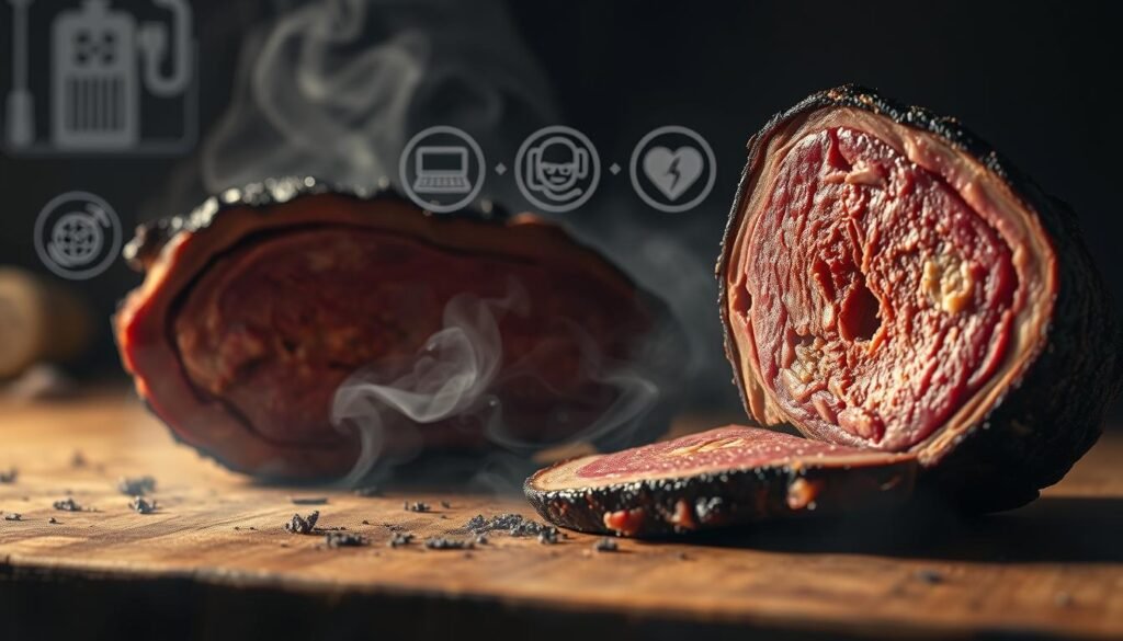A detailed illustration of the potential health risks associated with consuming smoked meats. In the foreground, an enlarged cross-section of a smoky, charred meat slab, highlighting the carcinogenic compounds it may contain. In the middle ground, icons representing various health concerns like high blood pressure, heart disease, and cancer, linked to the smoked meat. The background features a hazy, muted color palette, evoking the notion of an ominous health warning. The lighting is dramatic, with a mix of warm and cool tones to convey the complex and potentially hazardous nature of smoked meat consumption. The overall atmosphere is one of caution and concern, urging the viewer to consider the potential health risks involved.