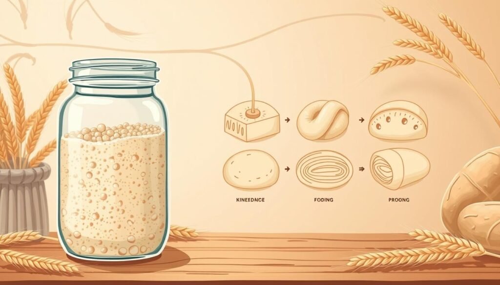 A detailed illustration of the sourdough fermentation process, showcasing the key stages and transformations. In the foreground, a glass jar containing a bubbly, active sourdough starter, its contents gently rising and expanding. In the middle ground, a step-by-step visual sequence depicting the kneading, folding, and proofing of the dough, with intricate textures and patterns emerging. In the background, a soft, muted color palette evokes the warm, artisanal atmosphere of a bakery, with hints of wheat sheaves and natural fibers providing a rustic, organic feel. Subtle lighting from above casts a gentle glow, highlighting the dynamic nature of the fermentation process. The overall composition conveys the science and artistry inherent in the creation of nourishing, protein-rich sourdough bread.