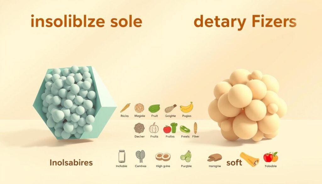 A detailed illustration showcasing the contrast between insoluble and soluble dietary fibers. In the foreground, distinct geometric shapes represent the differing molecular structures - rigid and angular for insoluble fibers, soft and rounded for soluble fibers. The middle ground features simplified icons of common high-fiber foods like whole grains, fruits, and vegetables, each grouped by fiber type. The background depicts a soothing gradient, allowing the core elements to stand out clearly. Warm, natural lighting casts subtle shadows, emphasizing the tactile qualities of the fibers. The overall composition conveys the essential differences between these two crucial fiber categories in a clear, informative manner.
