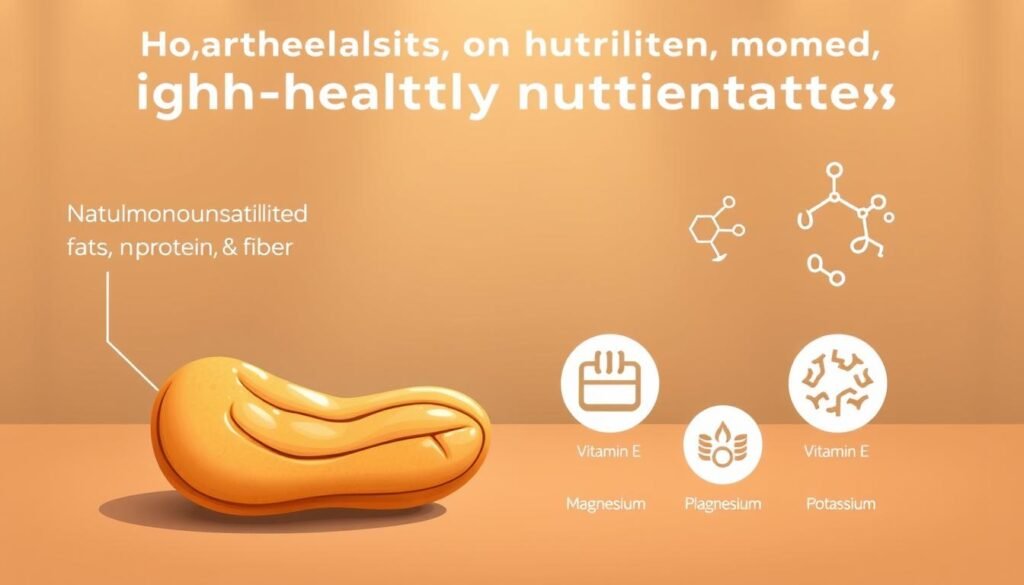 A detailed illustration showcasing the key heart-healthy nutrients found in high-quality peanut butter. In the foreground, a stylized peanut icon highlighting the natural monounsaturated fats, protein, and fiber. In the middle ground, simplified icons for vitamins and minerals like vitamin E, magnesium, and potassium. The background features a subtle geometric pattern evoking the molecular structure of these beneficial nutrients. The overall composition has a warm, earthy color palette with soft lighting to convey the natural goodness of this superfood spread.
