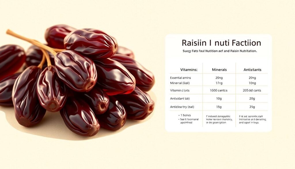 A detailed illustration showcasing the key nutritional facts about raisins. In the foreground, a cluster of plump, glossy raisins, their rich burgundy hues captured in soft, warm lighting. In the middle ground, a minimalist chart highlighting the essential vitamins, minerals, and antioxidants found in raisins, presented with clean infographic-style graphics. The background features a subtle, textured backdrop, evoking the natural, earthy qualities of this dried fruit. The overall composition conveys a sense of informative, appetizing simplicity, suitable for illustrating the "Introduction to Raisin Nutrition" section of the article.
