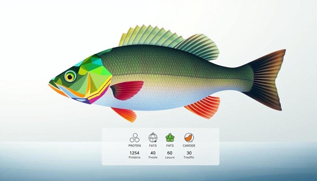 A detailed illustration showcasing the macronutrient breakdown of a freshwater perch fish. In the foreground, a large perch silhouette made up of vibrant, geometric patterns representing the precise proportions of proteins, fats, and carbohydrates. In the middle ground, a clean, minimalist layout featuring icons and data visualizations detailing the nutritional values. The background is a soft, gradient-based environment, with subtle hints of a water texture to evoke the aquatic setting. Crisp, high-contrast lighting and a slightly muted color palette lend an authoritative, informative tone to the overall composition.
