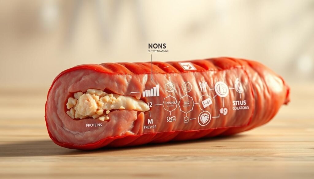 A detailed, informative cross-section of a sausage, rendered in a photorealistic style. The foreground showcases the internal structure, with visible layers of meat, fat, and connective tissue. The middle ground highlights key nutritional components like proteins, vitamins, and minerals, depicted as labeled icons or infographic elements. The background features a clean, minimalist setting, allowing the sausage's nutritional breakdown to be the focal point. Warm, natural lighting illuminates the scene, creating a sense of clarity and informative purpose. The overall composition conveys a comprehensive, scientific understanding of the sausage's nutritional value.