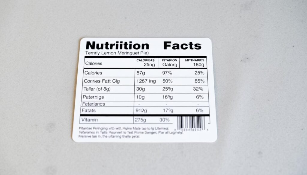 A detailed nutrition facts label displayed on a matte surface, showcasing the key nutritional information for a classic lemon meringue pie. The label features a clean, minimalist design, with clear typography highlighting the calorie count, macronutrient breakdown, and any relevant vitamins and minerals. The background is soft and diffused, allowing the label to be the focal point, conveying a sense of clarity and transparency about the pie's nutritional profile. The overall mood is informative and inviting, encouraging the viewer to closely examine the health considerations of indulging in this decadent dessert.