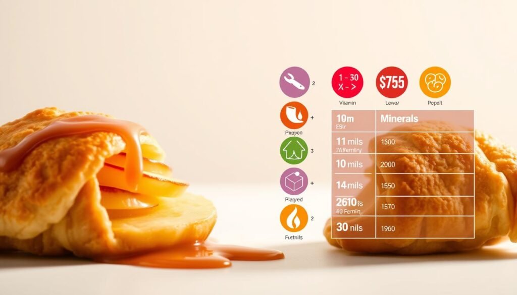 A detailed nutritional breakdown of a delectable apple turnover, displayed against a clean, minimalist backdrop. Crisp, golden pastry shells envelop juicy apple slices, complemented by a drizzle of caramelized glaze. Vibrant icons representing key vitamins, minerals, and macronutrients hover nearby, providing a clear visual representation of the turnover's nutritional profile. Soft, diffused lighting casts a warm glow, highlighting the appetizing textures and colors. The overall composition conveys a sense of balance, inviting the viewer to explore the intriguing relationship between the indulgent treat and its underlying nutritional value.
