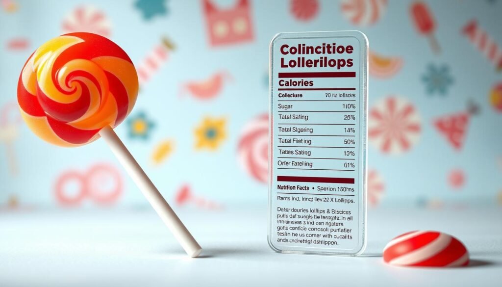 A detailed nutritional overview of lollipops, showcasing the key ingredients, calorie content, and sugar levels. The foreground features a meticulously rendered lollipop, its glossy surface and vibrant colors capturing the quintessential candy aesthetic. In the middle ground, a transparent nutrition label highlights the nutritional facts, presenting the calorie, sugar, and ingredient breakdown in a clean, infographic style. The background subtly blends whimsical candy-themed illustrations, suggesting the wider context of the lollipop's place in the confectionery world. Soft, diffused lighting bathes the scene, creating a slightly dreamy, approachable atmosphere that invites the viewer to explore the nutritional reality of this iconic sweet treat.