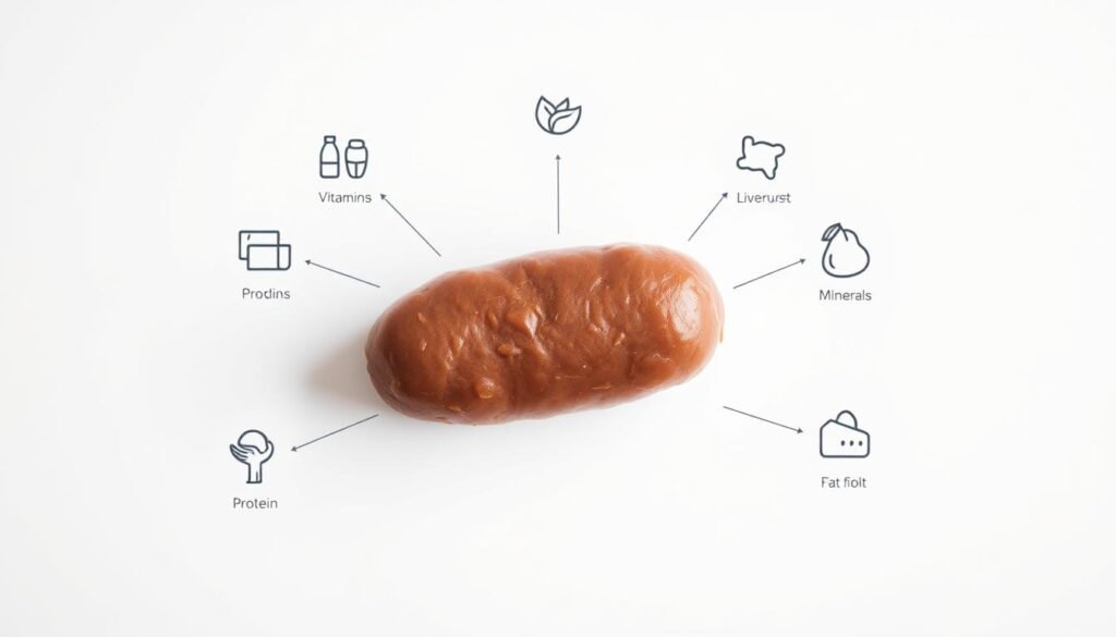 A detailed nutritional profile of liverwurst on a clean, white background. The liverwurst is presented in a clean, minimalist manner, showcasing its rich, earthy color and smooth texture. Surrounding the liverwurst are simple icons and illustrations representing the key nutrients, such as vitamins, minerals, protein, and fat content. The lighting is soft and diffused, creating a warm, inviting atmosphere that highlights the nutritional value of this traditional charcuterie item. The overall composition is balanced and visually appealing, providing a clear and informative representation of the nutritional profile of liverwurst.