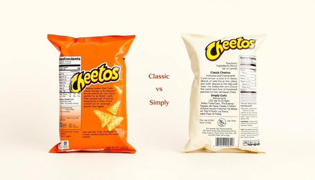 A detailed side-by-side comparison of the ingredient lists for Classic Cheetos and Simply Cheetos, displayed in a clean, minimalist style. The foreground features the two product packages arranged symmetrically, their distinct orange and white color schemes creating visual contrast. The middle ground showcases the ingredient lists in a clear, legible typeface, allowing for easy comparison. The background is a soft, neutral tone, keeping the focus on the product details. Bright, even lighting captures the textural details of the packaging and ingredient information. A balanced, professional composition that effectively highlights the key differences between the two Cheetos varieties.