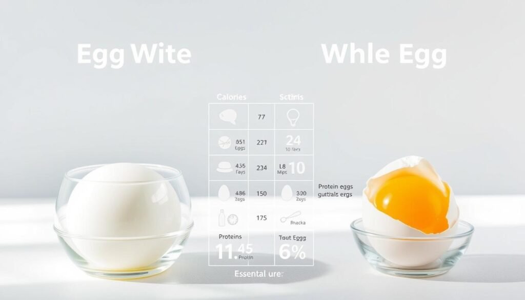 A detailed side-by-side comparison of the nutritional profiles of egg whites and whole eggs, displayed against a clean, minimalist background. In the foreground, two transparent glass containers hold the respective egg components, illuminated by soft, natural lighting to accentuate their distinct qualities. The middle ground showcases a grid of icons and numerical data, neatly organized to highlight the key differences in calories, protein, fat, and other essential nutrients. The background is a serene, gradient-based palette, allowing the central elements to take center stage and convey the clarity of the nutritional breakdown.