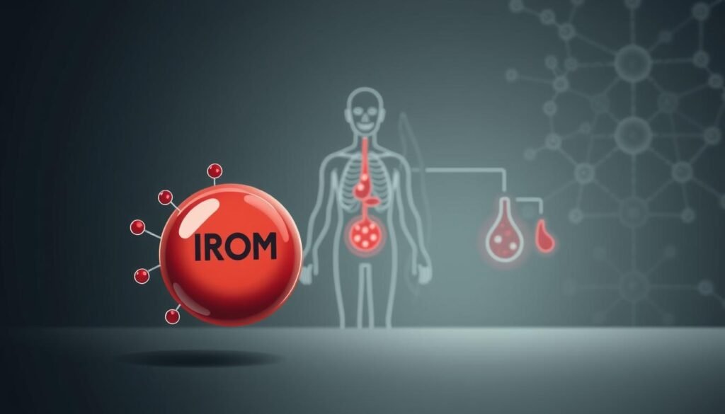 A detailed technical illustration depicting the essential role of iron in oxygen transport and overall health. In the foreground, a stylized red blood cell carrying oxygen, surrounded by a molecular diagram of hemoglobin. In the middle ground, an anatomical diagram of the circulatory system, highlighting the transport of oxygenated blood. In the background, a subtle pattern of iron atoms, emphasizing the mineral's vital function. The scene is rendered in a muted, scientific color palette with soft, directional lighting to convey a sense of importance and professionalism. The composition is balanced and visually engaging, designed to educate and inform the viewer about the significance of iron in the human body.