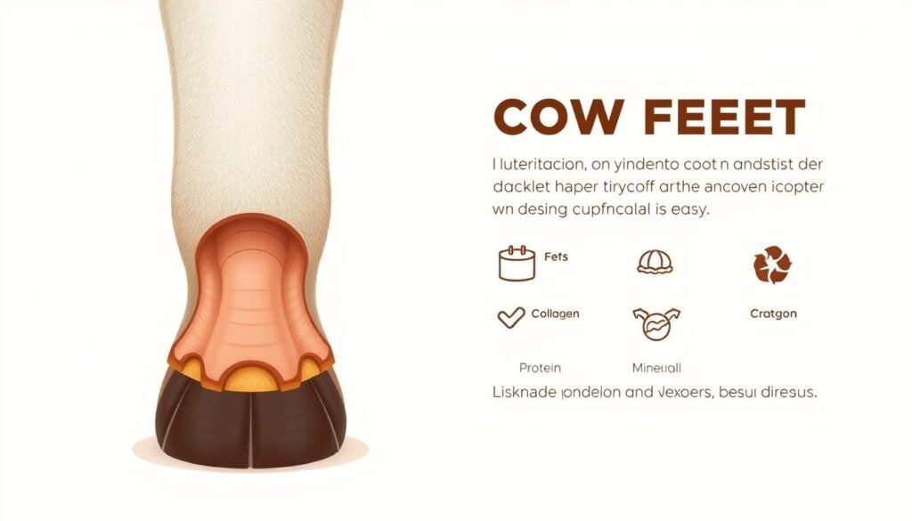 A detailed, technical illustration of cow feet against a clean, minimalist background. Crisp, high-resolution rendering with a neutral, educational tone. Display the anatomical structure of a cow's hooves, showcasing the various layers and components. Render the image with a flat, isometric perspective to clearly convey the nutritional information. Utilize a muted, earthy color palette to evoke a sense of natural, wholesome imagery. Include icons or simple graphics to highlight key nutritional facts about cow feet, such as protein, collagen, and mineral content. Maintain a clean, informative visual style suitable for an educational article.