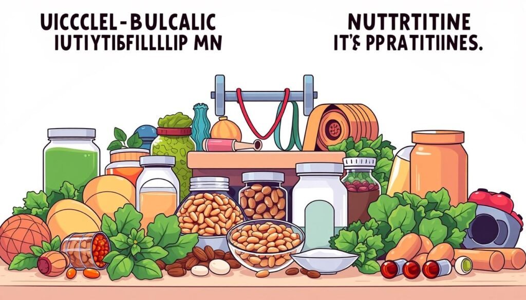 A detailed, well-lit illustration showcasing various muscle-building nutrition strategies. In the foreground, an array of healthy foods and supplements including protein shakes, nuts, leafy greens, and vitamins arranged neatly. In the middle ground, exercise equipment such as dumbbells, resistance bands, and a yoga mat symbolize the importance of combining nutrition and workout routines. The background features a clean, minimalist design with subtle lines and geometric shapes to convey a sense of balance and structure. The overall mood is informative, motivational, and visually appealing, reflecting the subject of building a healthier body through careful attention to both exercise and nutrition.
