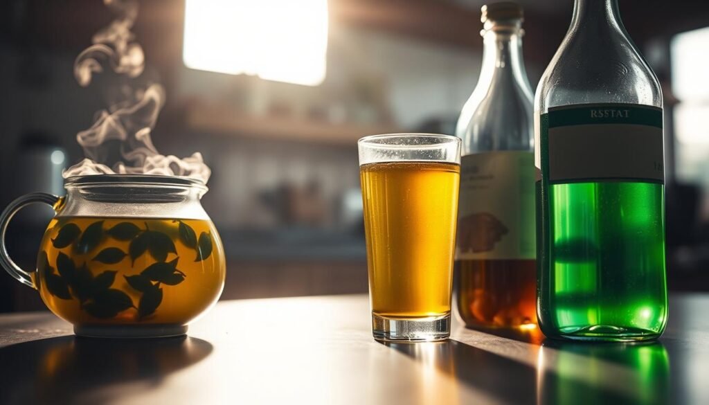 A dimly lit kitchen counter, the soft glow of natural light filtering through a window. On the left, a steaming ceramic teapot and a glass of freshly brewed green tea, delicate leaves swirling in the golden liquid. On the right, a sleek glass bottle of bottled green tea, its label prominently displayed. The scene is captured with a shallow depth of field, emphasizing the contrast between the two preparation methods. The lighting casts warm, inviting shadows, creating a serene, contemplative atmosphere. The overall composition highlights the differences in quality, freshness, and experience between homemade and pre-packaged green tea.