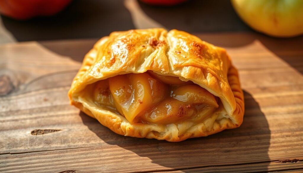 A freshly baked classic apple turnover sits on a rustic wooden surface. The golden, flaky pastry crust surrounds a sweet, cinnamon-spiced apple filling that oozes with juicy goodness. Soft natural lighting casts warm highlights, emphasizing the inviting, homemade appearance. The turnover is photographed from a slight overhead angle, creating an appetizing, close-up perspective. The background is blurred, keeping the focus on the delectable pastry. This mouthwatering image captures the essence of a traditional apple turnover, perfectly complementing the "Introduction to Apple Turnovers" section of the article.