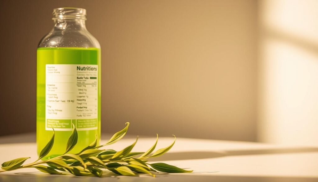 A glass bottle filled with a vibrant green liquid, casting a soft glow against a clean, minimalist background. The bottle's label displays the nutritional information, highlighting the key vitamins, minerals, and antioxidants present in the bottled green tea. In the foreground, a sprig of fresh green tea leaves cascades naturally, complementing the overall aesthetic. The lighting is warm and diffused, creating a sense of purity and wellness. The composition is balanced, allowing the bottle and its contents to be the central focus, inviting the viewer to explore the nutritional benefits of this refreshing beverage.
