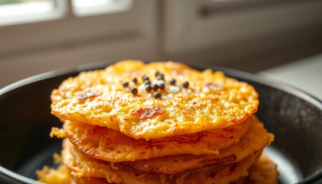 A golden-brown stack of crisp, homemade hash browns, freshly grated potatoes sizzling in a cast-iron skillet, topped with a light dusting of sea salt and a sprinkle of fragrant, freshly cracked black pepper. The hash browns are illuminated by soft, natural light filtering through a window, casting a warm, inviting glow. The composition is clean and minimalist, allowing the delicious, rustic texture of the hash browns to take center stage. The overall mood is one of simple, wholesome nourishment, emphasizing the health benefits of homemade, unprocessed ingredients.