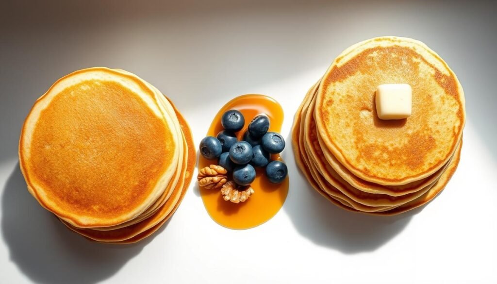 A high-angle close-up view of a set of pancakes, with a stack of homemade pancakes on the left, a stack of Premier Protein pancakes on the right, and a small pile of blueberries, walnuts, and a drizzle of maple syrup in the center. The pancakes are lit from above, creating soft shadows and highlights that accentuate their texture and color. The background is a clean, minimalist white or light gray, allowing the pancakes to be the focal point. The composition is balanced and visually appealing, showcasing the differences in appearance and potential ingredients between the homemade and Premier Protein pancakes.