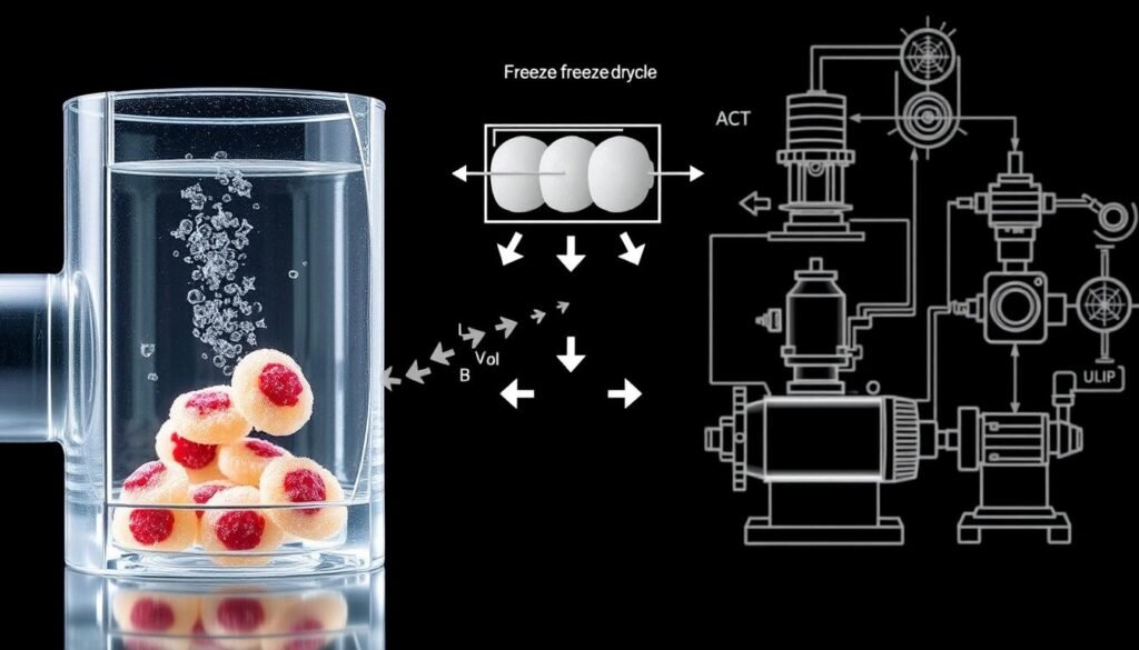 A high-contrast, cutaway diagram depicting the freeze-drying process for candy. In the foreground, a clear chamber shows the evaporation of water molecules from the candy sample under low pressure and temperature. In the middle ground, a schematic illustrates the freeze-drying cycle, with arrows indicating the flow of heat and vapor. The background features technical diagrams and schematics of the freeze-drying equipment, including a centrifuge, condenser, and vacuum pump, rendered in a technical, engineering-style aesthetic. The overall scene conveys the scientific principles and specialized equipment involved in the freeze-drying of confections.
