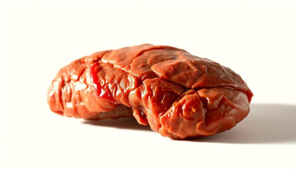 A high-quality, detailed close-up illustration of chicken liver, showcasing its rich, reddish-brown color and intricate texture. The liver is positioned prominently in the center of the frame, bathed in warm, natural lighting that accentuates its organic form and highlights the nutrient-dense tissue. The background is a clean, neutral gradient, allowing the liver to be the sole focus. The composition is balanced and visually appealing, capturing the essence of chicken liver's nutritional value in a clear, informative manner.