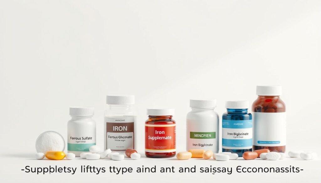 A high-quality, detailed comparison of various iron supplement types against a clean, minimalist background. Showcase an array of different iron supplements, such as ferrous sulfate, ferrous gluconate, and iron bisglycinate, each represented by an iconic 3D illustration or object. Utilize soft, diffused lighting to create a professional, informative atmosphere, with a focus on the supplements' forms, colors, and key details. Arrange the elements in a clear, organized layout to effectively communicate the different supplement types and their unique characteristics. Convey a sense of authority and utility to support the "Supplement Types and Dosage Considerations" section of the article.