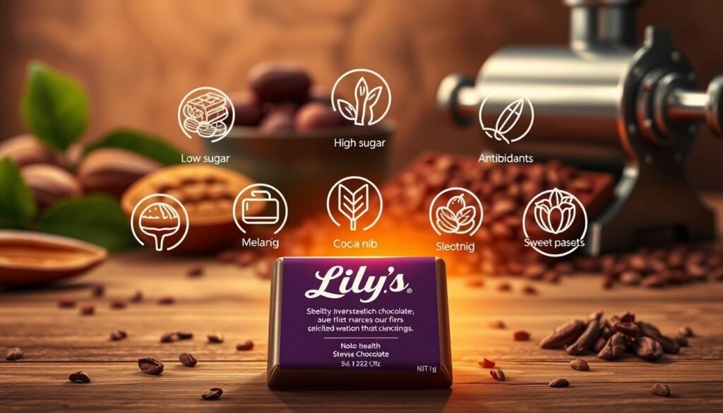 A high-quality, photorealistic illustration depicting the health benefits of stevia-sweetened chocolate. In the foreground, a rich, decadent bar of Lily's chocolate casts a warm, inviting glow. The middle ground features vibrant, hand-drawn icons representing the key nutritional properties: low sugar, high fiber, antioxidants, and plant-based sweeteners. The background showcases a subtly textured, artisanal chocolate-making process, with cacao pods, cocoa nibs, and a sleek steel melanger. The overall composition conveys a sense of balanced indulgence and wellness, inviting the viewer to explore the nutritional promise of this unique chocolate.