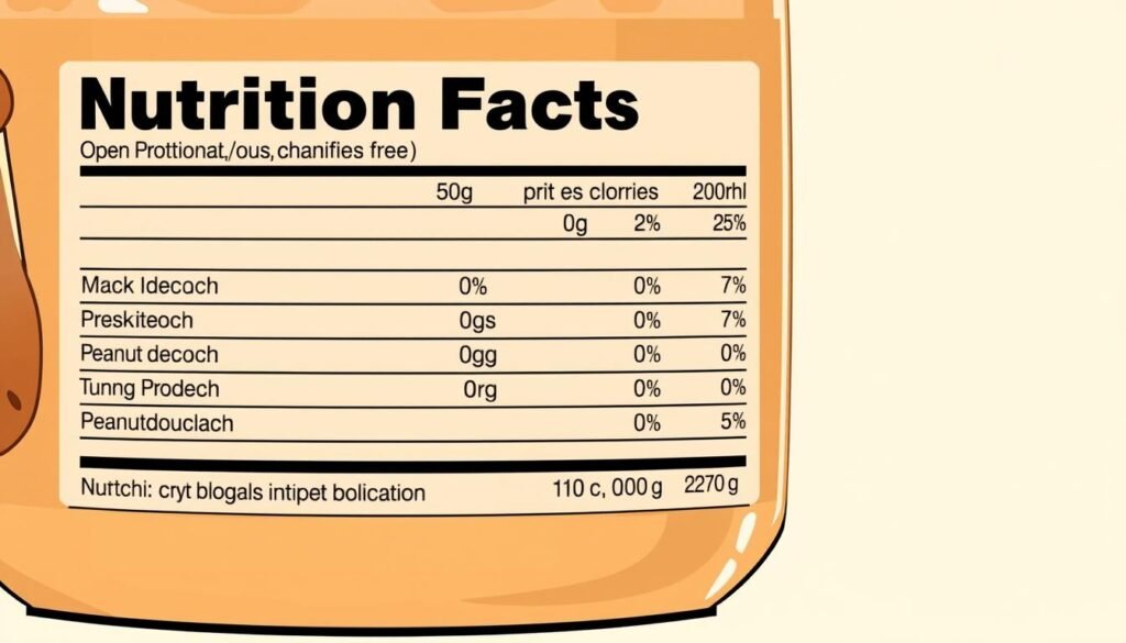 A high-resolution, detailed illustration of a nutrition facts label for peanut butter, with a clean, minimal background. The label features a modern, minimalist design, showcasing the key nutritional information such as calories, fat, protein, and carbohydrates in a clear and legible manner. The image should have a warm, earthy color palette that complements the natural tones of peanut butter, creating a visually appealing and informative representation of the nutritional content of this popular food item.