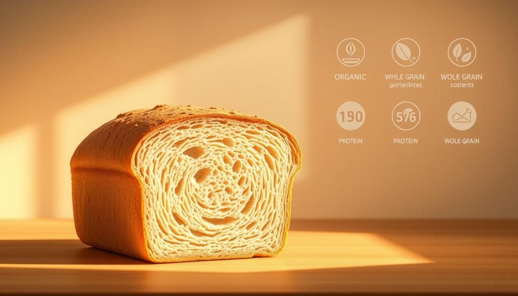A high-resolution, detailed illustration of organic whole wheat bread, showcasing its cross-section and nutritional composition. The bread is prominently featured in the foreground, illuminated by warm, natural lighting that casts soft shadows, creating a inviting, appetizing atmosphere. The middle ground displays a clean, minimalist background, allowing the bread to be the focal point. In the background, subtle icons and graphics illustrate the key nutritional information, such as fiber, protein, and whole grain content, presented in a clear, informative manner. The overall aesthetic is clean, modern, and visually engaging, capturing the healthful, wholesome essence of organic whole wheat bread.