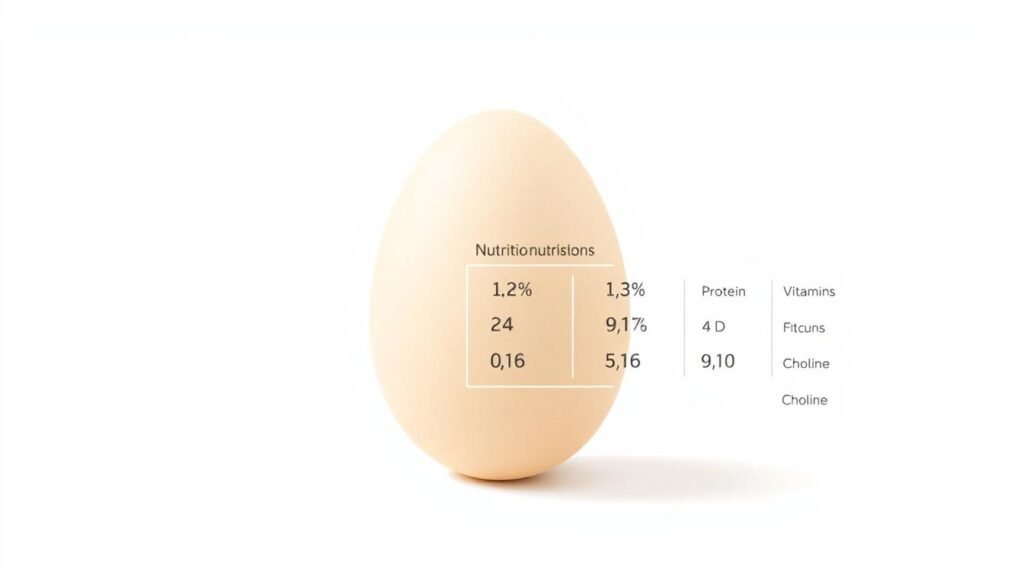 A high-resolution, detailed illustration showcasing the nutritional profile of a single egg on a clean, white background. The egg should be rendered with a soft, natural lighting, creating a sense of clarity and simplicity. In the foreground, display the key macronutrients - protein, fat, and carbohydrates - using clear icons or infographic elements. In the middle ground, provide a breakdown of the essential vitamins and minerals found in eggs, such as vitamins A, D, B12, and choline. The background should feature a subtle grid or pattern to reinforce the informative, educational nature of the image. Maintain a consistent, minimalist aesthetic throughout, allowing the nutritional data to be the primary focus.