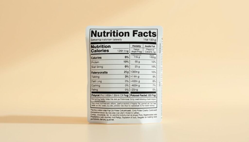 A high-resolution, detailed image of a protein pancake nutrition facts label, presented against a clean, minimalist background. The label showcases the macronutrient breakdown, including calories, protein, carbohydrates, and fat, with clear typography and an organized layout. The image has a warm, natural lighting that enhances the clarity and legibility of the information. The overall composition is balanced, with the label positioned centrally and occupying a substantial portion of the frame, allowing the viewer to easily examine the nutritional details.