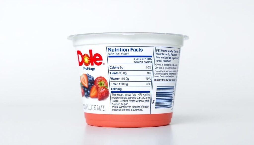 A high-resolution, photorealistic image of the nutrition facts label for a Dole fruit cup, displayed on a clean, plain background with soft, even lighting. The label should be the central focus, filling a significant portion of the frame. Render the label in vivid detail, capturing the precise typography, colors, and layout of the original design. Include all the key nutritional information, such as calories, sugar content, and vitamins, without any additional text or branding. The overall mood should be clean, informative, and easily legible, creating a visually appealing and useful reference for the article's readers.