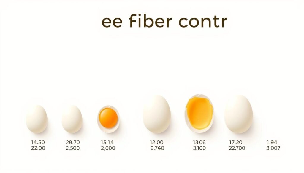 A highly detailed and precisely crafted illustration depicting the comparative fiber content of various types of eggs. Crisp, clean lines and a minimalist design aesthetic. Prominently featured are simple icons or silhouettes representing different egg varieties, each with accompanying numerical values indicating their respective fiber quantities. The overall composition is neatly organized and visually striking, drawing the viewer's attention to the key facts about egg fiber content. Muted, neutral tones create a calm, informative mood, allowing the data to take center stage. Photorealistic rendering with a soft, natural lighting setup that enhances the clarity and legibility of the illustrated elements.