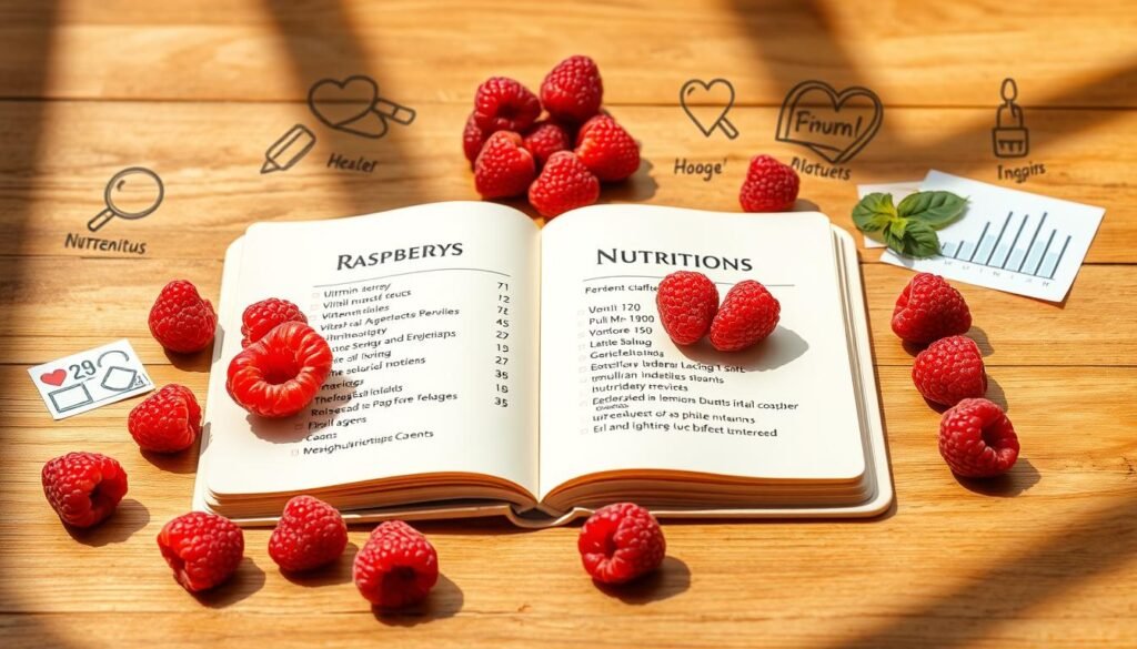 A highly detailed, realistic still life image of a wooden table showcasing an array of raspberry nutrition facts. The table is bathed in warm, natural lighting, casting soft shadows and highlights that accentuate the textures of the various elements. In the foreground, an open notebook displays a neatly organized list of the raspberry's nutritional information, such as vitamins, minerals, and macronutrient content. Surrounding the notebook are several whole raspberries, some sliced to reveal their vibrant red interior. In the middle ground, various icons and illustrations relevant to nutrition, such as a magnifying glass, a heart symbol, and a bar graph, are strategically placed to complement the informative nature of the scene. The background features a subtle, out-of-focus pattern or texture that adds depth and context to the composition.