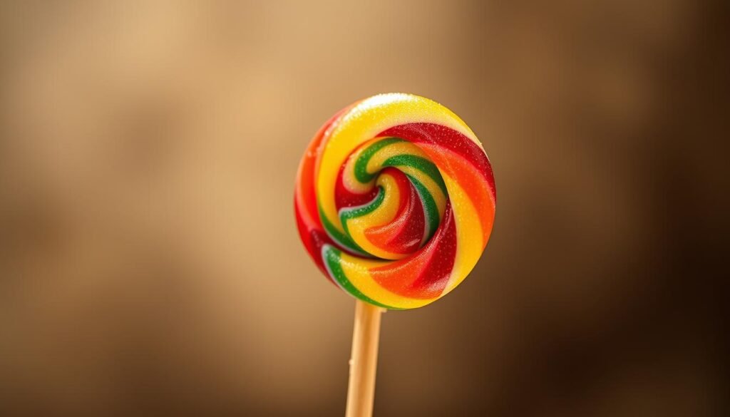 A lollipop on a wooden stick, the candy glistening with a layer of sugary glaze, casting a warm, inviting glow under soft, diffused lighting. The lollipop's shape is cylindrical, with a swirling pattern of vibrant colors, like a hypnotic spiral. The background is hazy and blurred, allowing the lollipop to take center stage, drawing the viewer's attention to its irresistible allure. The composition is balanced, with the lollipop positioned slightly off-center, adding a touch of visual interest. The overall mood is one of temptation and indulgence, capturing the essence of this iconic sweet treat.