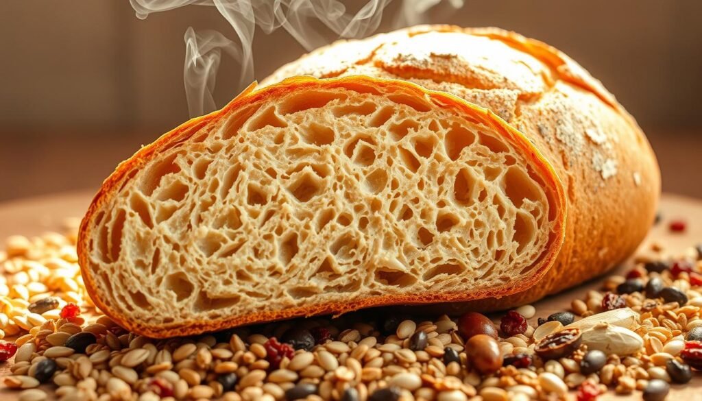 A lush, golden-crusted loaf of fiber-rich artisanal bread, its interior revealing a network of delicate, chewy crumbs. Wisps of steam rise from the freshly sliced cross-section, hinting at the wholesome, nutty aroma. Scattered around the bread, an assortment of nutritious ingredients like whole grains, seeds, and dried fruits - the building blocks of a satisfying, weight-loss-friendly meal. Warm, natural lighting bathes the scene, casting a soft, inviting glow. The composition is carefully balanced, with the bread as the central focus, surrounded by complementary elements that convey its health benefits. This image captures the essence of a fiber-rich, weight-loss-supporting bread, perfect for illustrating the section on its potential role in a healthy lifestyle.
