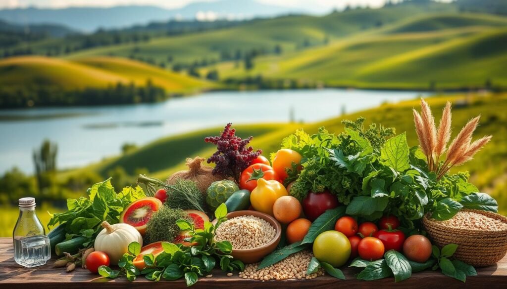 A lush, verdant landscape with rolling hills and a serene lake in the background. In the foreground, a variety of healthy, natural ingredients such as fresh vegetables, fruits, herbs, and whole grains are artfully arranged, symbolizing a balanced and sustainable weight management plan. The lighting is warm and inviting, creating a sense of tranquility and well-being. The composition is clean and minimalist, allowing the natural elements to take center stage. The overall mood is one of simplicity, nourishment, and harmony, conveying the essence of a wholesome and effective weight loss strategy.