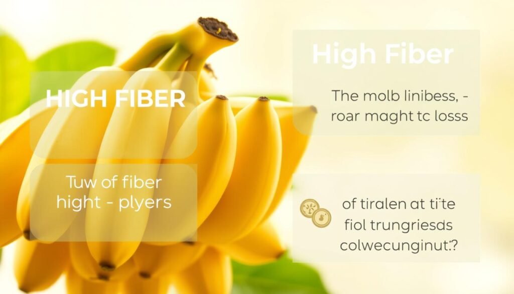 A lush, vibrant illustration showcasing the nutritional benefits of high-fiber bananas. In the foreground, a cluster of ripe, golden bananas against a soft, diffused background. Translucent overlays highlight key nutritional facts, such as the high fiber content, its role in weight loss, and the synergistic benefits when combined with groundnuts. The overall composition has a warm, inviting tone, utilizing natural lighting and a clean, modern aesthetic to create a visually appealing and informative image.