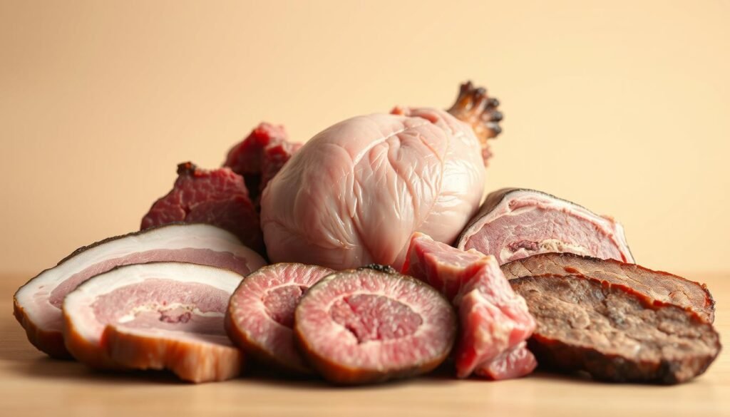 A meticulously arranged still life showcasing an array of iron-rich meats, captured in a warm, natural light. At the center, a succulent chicken liver glistens, surrounded by slices of tender beef, savory pork, and rich lamb. The textural contrasts between the soft, pinkish flesh and the deep, earthy tones create a visually captivating study. Subtle shadows and highlights accentuate the three-dimensional forms, while a minimalist background allows the meats to take center stage. This high-quality, hyper-realistic illustration provides a comprehensive visual reference for comparing the iron content of different protein sources.