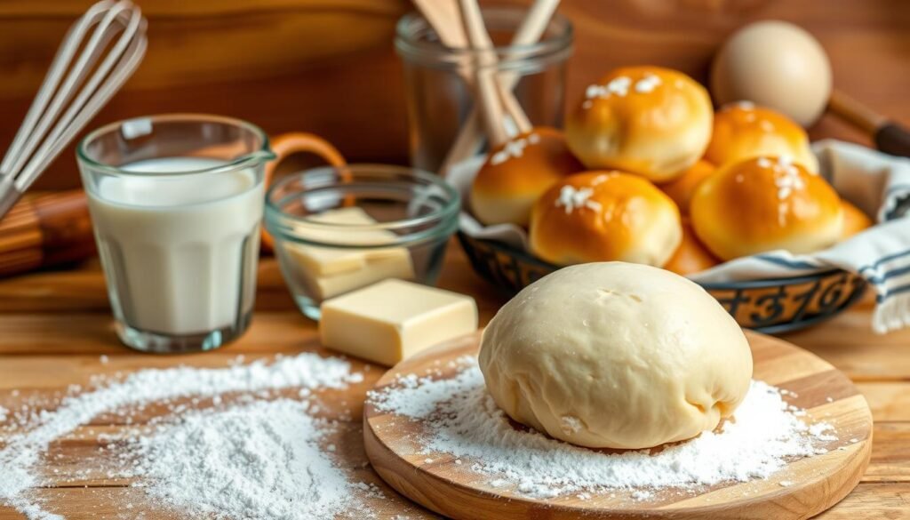 A meticulously arranged still life showcasing the essential ingredients for making delightful Hawaiian sweet rolls. In the foreground, a soft, golden-brown dough ball sits atop a wooden board, surrounded by a sprinkling of flour. Beside it, a pile of soft, pillowy dinner rolls, their surfaces glistening with a light glaze. In the middle ground, a glass measuring cup filled with warm milk, a pat of creamy butter, and a sprinkle of granulated sugar. In the background, an assortment of baking tools, including a whisk, a wooden spoon, and a set of measuring spoons, creating a sense of the process and preparation behind these tempting treats. The lighting is soft and warm, casting a cozy, inviting atmosphere, perfect for showcasing the comforting and delightful nature of these classic Hawaiian sweet rolls.