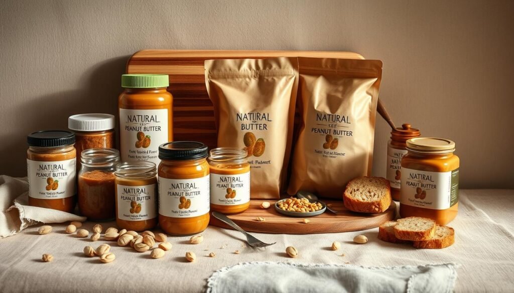 A meticulously crafted still life arrangement showcasing an enticing selection of natural peanut butters. Soft, neutral lighting illuminates the scene, casting gentle shadows and highlighting the textured surfaces. In the foreground, various glass jars and paper bags containing different nut butter varieties are neatly displayed, their contents visible through the transparent packaging. The middle ground features a wooden cutting board or rustic surface, providing a warm, earthy backdrop. Complementing the peanut butter, a scattering of whole peanuts, a small spoon, and perhaps a few slices of freshly baked bread or whole grain crackers complete the natural, minimalist composition. The overall mood is one of simplicity, quality, and the wholesome goodness of unprocessed, artisanal peanut butter.