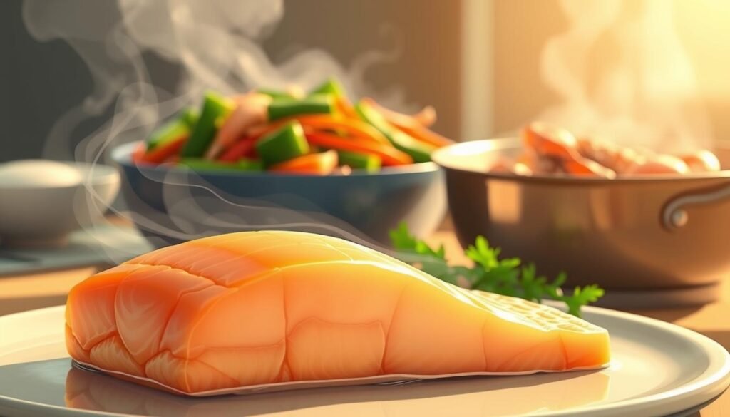 A meticulously detailed illustration depicting a selection of nutrient-preserving cooking methods. In the foreground, a perfectly steamed piece of salmon, its delicate flesh glistening under soft, warm lighting. In the middle ground, a sizzling stir-fry of vibrant vegetables, their crisp textures and vibrant colors preserved by the high-heat cooking technique. In the background, a gently simmering pot of seafood, the flavors and nutrients locked in by the low-and-slow poaching method. The scene is rendered with a clean, minimalist aesthetic, conveying the healthful, wholesome nature of these cooking approaches.