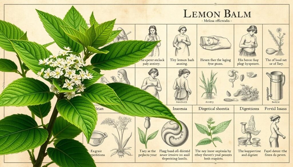 A meticulously detailed illustration showcasing the historical uses of lemon balm (Melissa officinalis). In the foreground, a realistic, botanically accurate rendering of the lemon balm plant, its verdant leaves and delicate white flowers depicted with precision. In the middle ground, a series of antique medical illustrations depicting the herb's traditional applications, such as treating anxiety, insomnia, and digestive issues. The background features a vintage parchment-like texture, hinting at the long history of lemon balm's use in herbal medicine. The overall composition conveys a sense of timeless wisdom and the enduring significance of this versatile and beneficial plant.