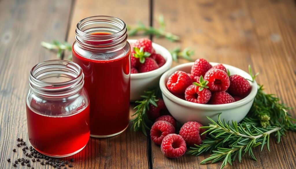 A neatly arranged still life on a rustic wooden surface, showcasing the vibrant ingredients of a homemade raspberry vinaigrette dressing. In the foreground, a glass jar filled with a deep red raspberry vinegar, accompanied by a sprinkle of freshly ground black pepper. In the middle ground, a small ceramic bowl overflows with plump, juicy raspberries, their vibrant color contrasting against the textured wooden backdrop. Surrounding the central elements, a scattering of fragrant herbs, such as sprigs of fresh thyme and rosemary, adding depth and complexity to the composition. Soft, natural lighting illuminates the scene, highlighting the rich hues and textures of the ingredients, creating an inviting and appetizing atmosphere.