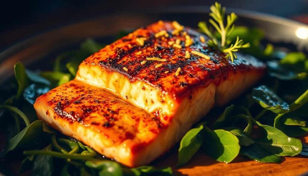 A perfectly seared Cajun-spiced salmon fillet rests atop a bed of vibrant green spinach leaves, drizzled with a rich, buttery sauce. The fish's charred exterior contrasts beautifully with the moist, flaky interior, while the aromatic blend of paprika, garlic, and cayenne adds a delightful heat. The scene is bathed in warm, golden lighting, creating a cozy, inviting atmosphere that beckons the viewer to take a bite and savor the flavors. A sprinkle of fresh lemon zest and a sprig of dill complete the elegant, yet rustic presentation, showcasing the salmon's alluring simplicity and nutritional prowess.