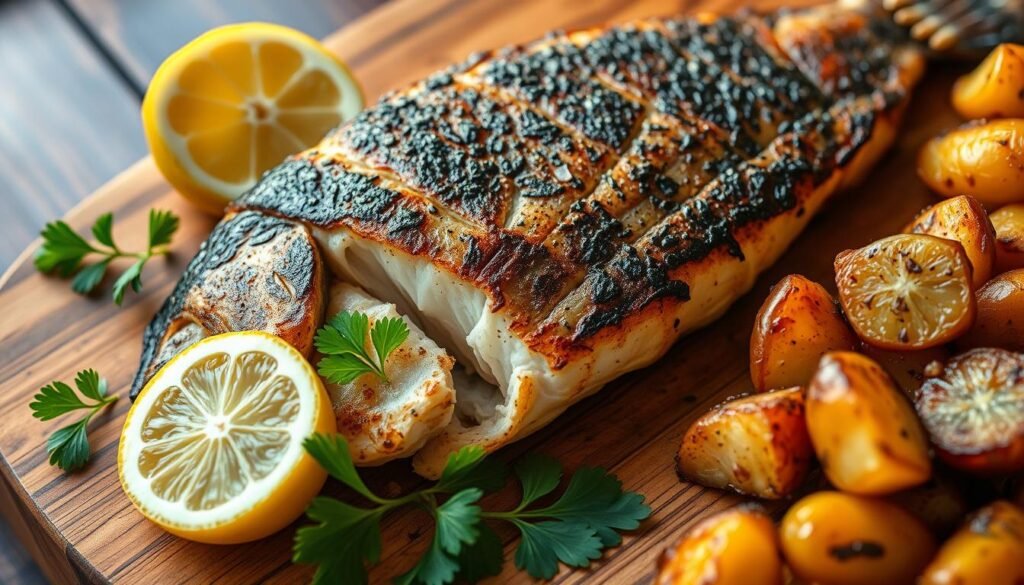 A perfectly seared blackened fish fillet served on a rustic wooden board, accompanied by vibrant lemon wedges, fresh parsley sprigs, and a side of roasted potatoes. The fish is glistening with a crisp, charred crust, while the soft, flaky interior beckons. Warm lighting casts a golden glow, highlighting the tantalizing textures and colors. The overall presentation evokes a cozy, seaside ambiance, inviting the viewer to savor the delicious and nutritious meal.