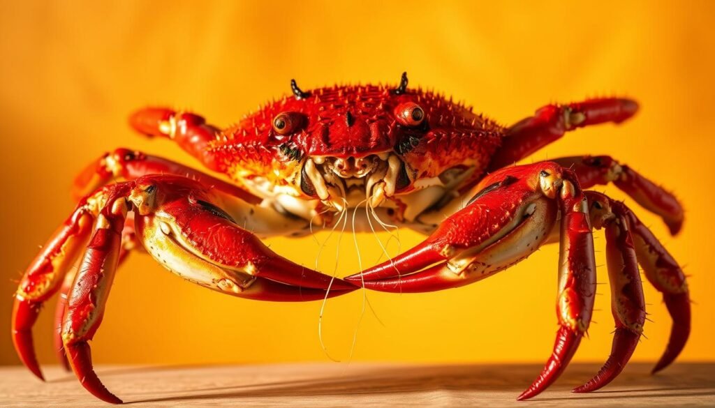 A regal king crab majestically posed against a warm, golden backdrop, its spiny crimson exoskeleton glistening under soft, natural lighting. Delicate tendrils extend outward, hinting at the creature's nutritional bounty - rich in high-quality protein, essential omega-3 fatty acids, and a bountiful array of vital minerals. The crab's powerful claws symbolize its status as a true king of the sea, while the overall composition conveys a sense of regality and health-promoting abundance.
