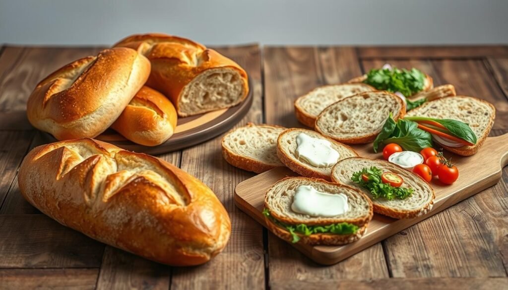 A rustic wooden table, the surface adorned with a variety of bread-based meal components. In the foreground, a selection of freshly baked loaves, their golden crusts glistening under warm, natural lighting. Nearby, a cutting board showcases sliced breads of varying types, accompanied by healthy accompaniments such as leafy greens, vibrant vegetables, and creamy spreads. In the middle ground, a neatly arranged display of bread-based meal ideas, visually demonstrating the versatility and nutritional value of incorporating bread into a balanced diet. The background features a soft, muted palette, lending a sense of calm and wellness to the overall composition. The image conveys a message of mindful, practical bread consumption as part of a healthy, well-rounded meal plan.