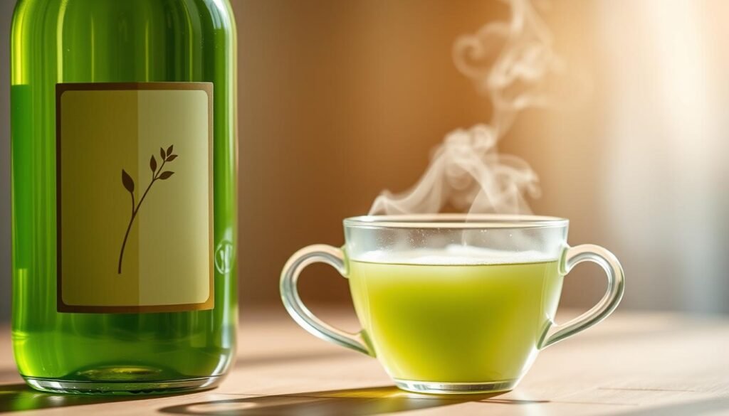 A serene, close-up scene of a glass bottle filled with vibrant green liquid, accompanied by a freshly brewed cup of steaming green tea. The bottle's label features a minimalist, nature-inspired design, hinting at the purity and health benefits of the contents. The cup is set against a soft, blurred background, highlighting the delicate aroma and color of the tea. Warm, diffused lighting casts a gentle glow, creating a calming, contemplative atmosphere. The composition emphasizes the simplicity and elegance of the green tea drinking experience, inviting the viewer to pause and savor the moment.