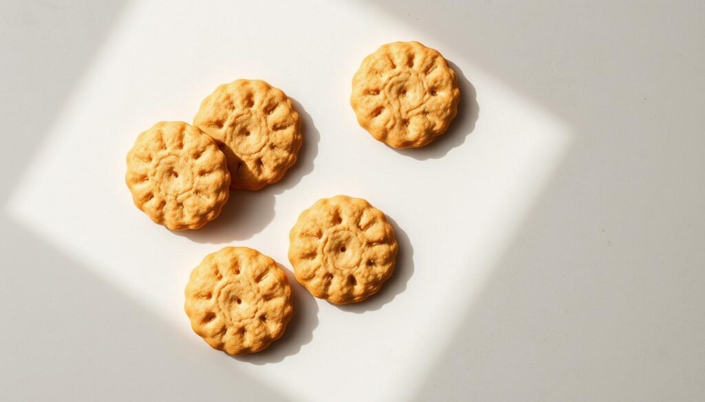 A simple, elegant arrangement of artisanal Simple Mills almond flour crackers on a neutral, lightly textured surface. The crackers are displayed in a visually appealing, appetizing manner, showcasing their natural ingredients and delicate shape. Soft, natural lighting from the side casts gentle shadows, highlighting the crackers' texture and golden hue. The overall mood is one of simplicity, quality, and a wholesome, healthful snack. The composition emphasizes the crackers as the focal point, allowing the viewer to appreciate their nutritional attributes without distractions.